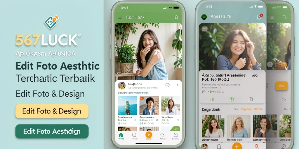 Antarmuka aplikasi 567LUCK dengan fitur editing foto aesthetic.