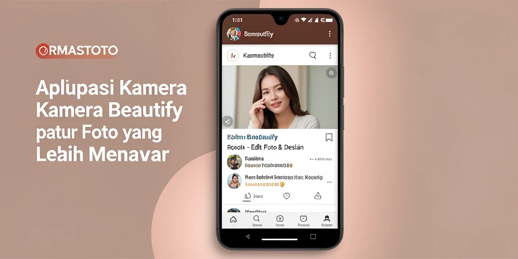 Screenshot utama ORMASTOTO menampilkan antarmuka Kamera Beautify yang menarik.